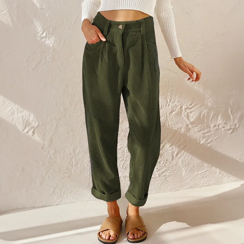 Corduroy High-Waisted Pleated Tapered Pants