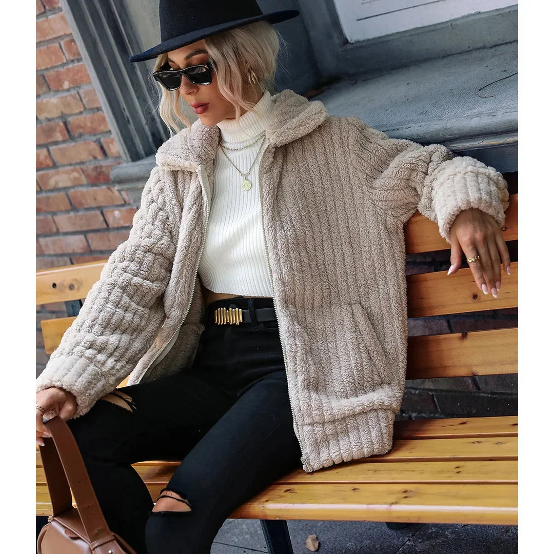 Cozy Fuzzy Fleece Zip-Up Jacket with Wide Collar