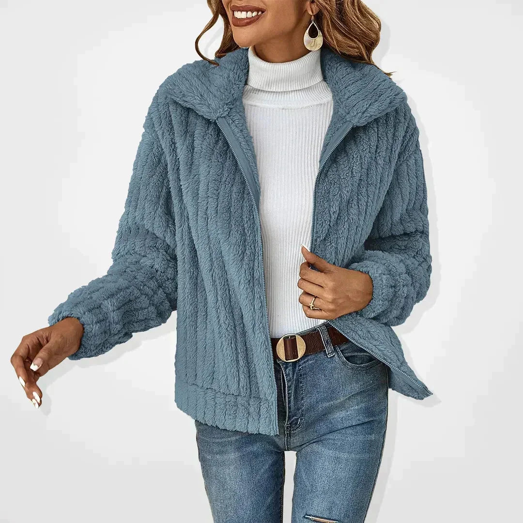 Cozy Fuzzy Fleece Zip-Up Jacket with Wide Collar