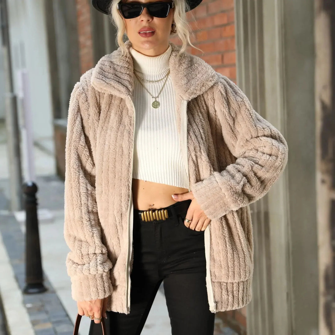 Cozy Fuzzy Fleece Zip-Up Jacket with Wide Collar
