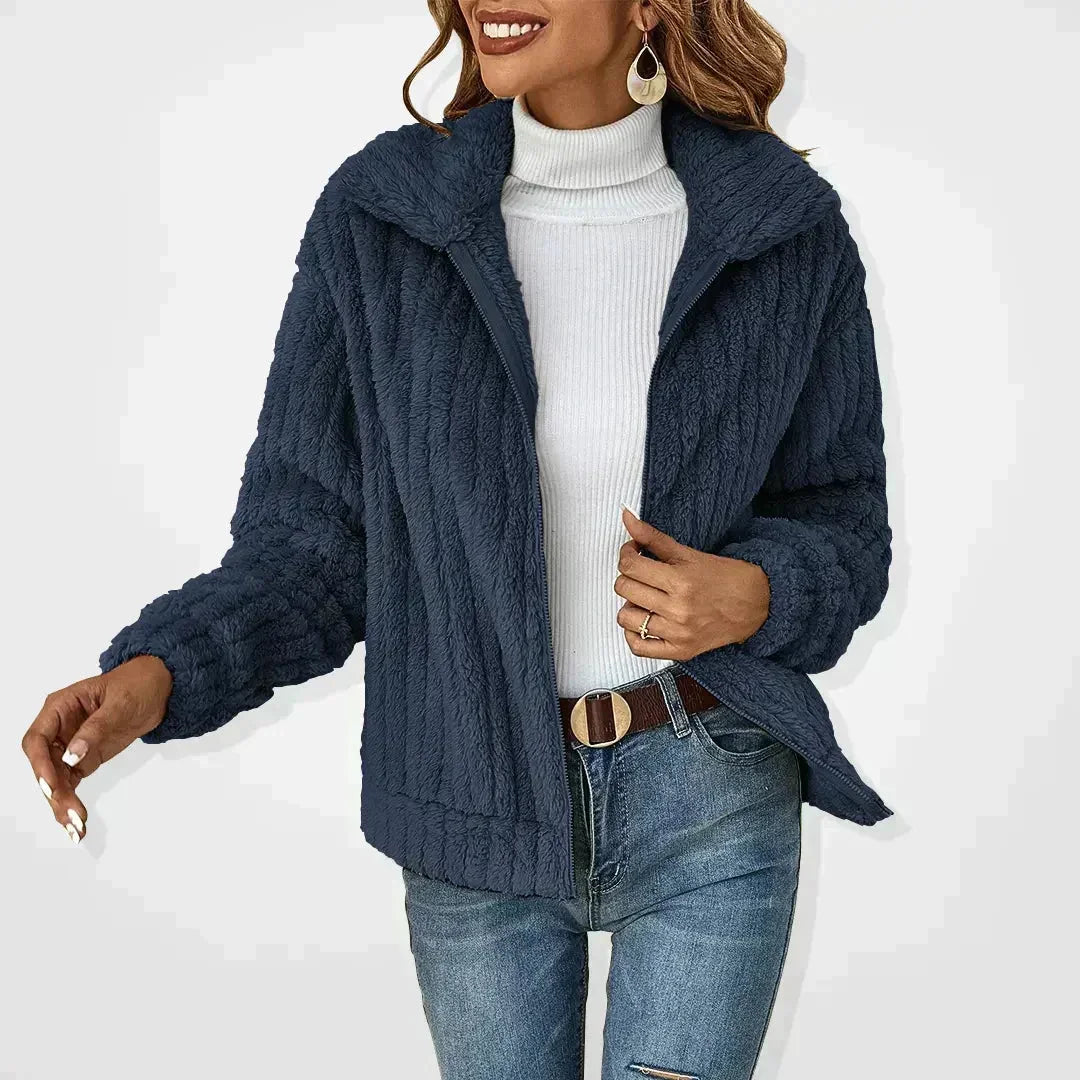 Cozy Fuzzy Fleece Zip-Up Jacket with Wide Collar