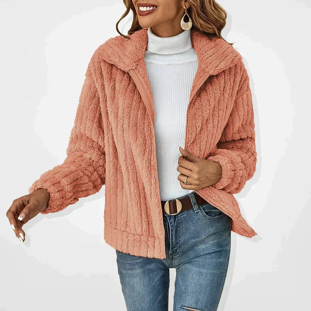Cozy Fuzzy Fleece Zip-Up Jacket with Wide Collar