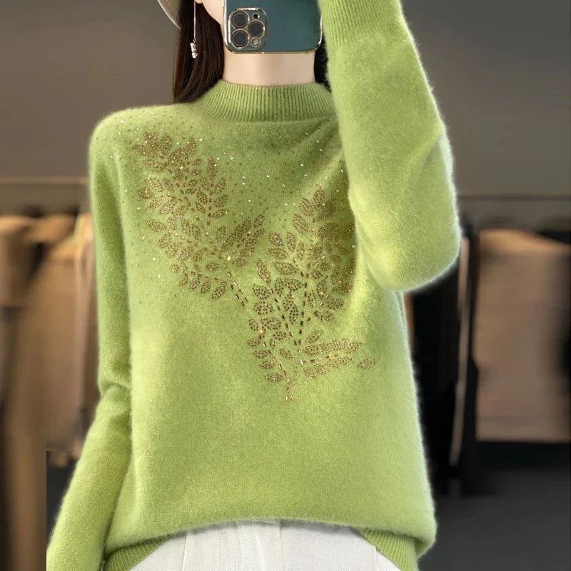 Rhinestone Leaf Pattern Mock Neck Knit Sweater