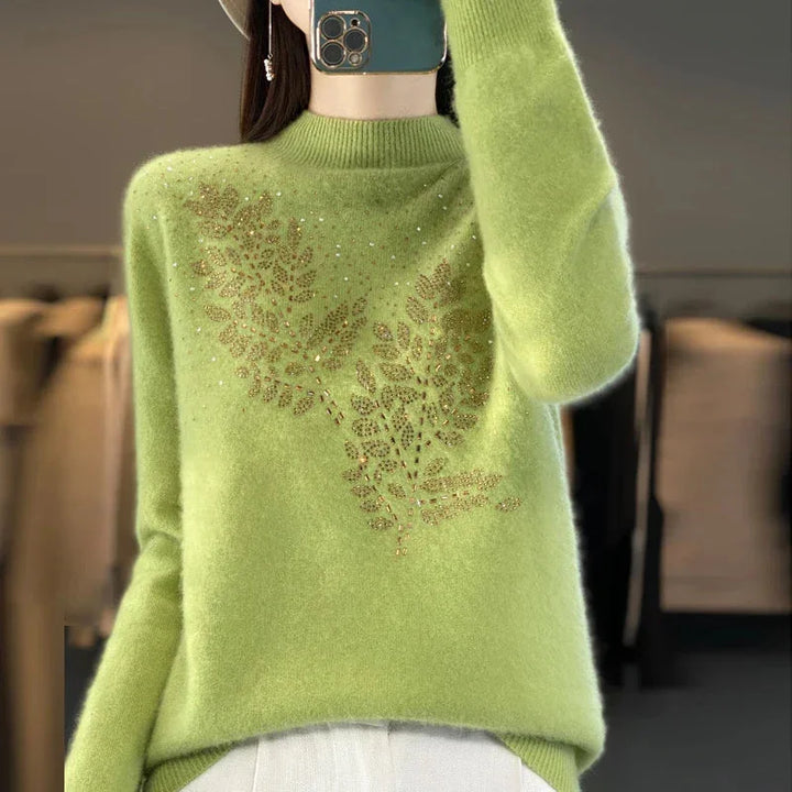 Rhinestone Leaf Pattern Mock Neck Knit Sweater