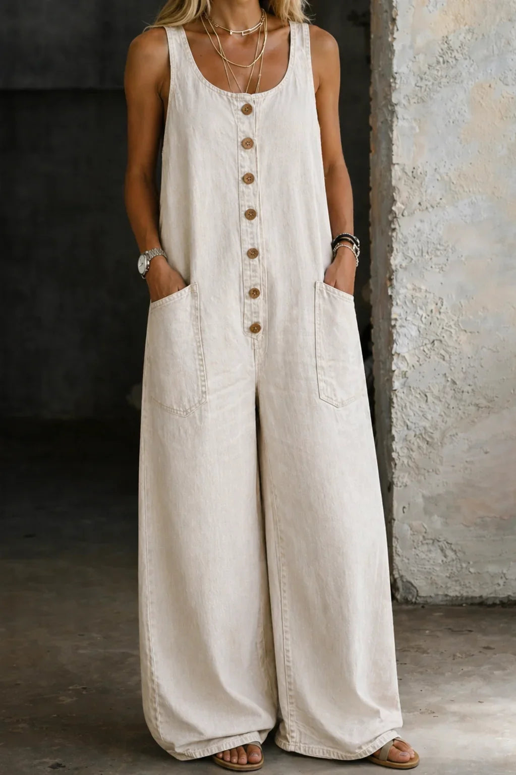 Denim Wide-Leg Overalls with Button Front