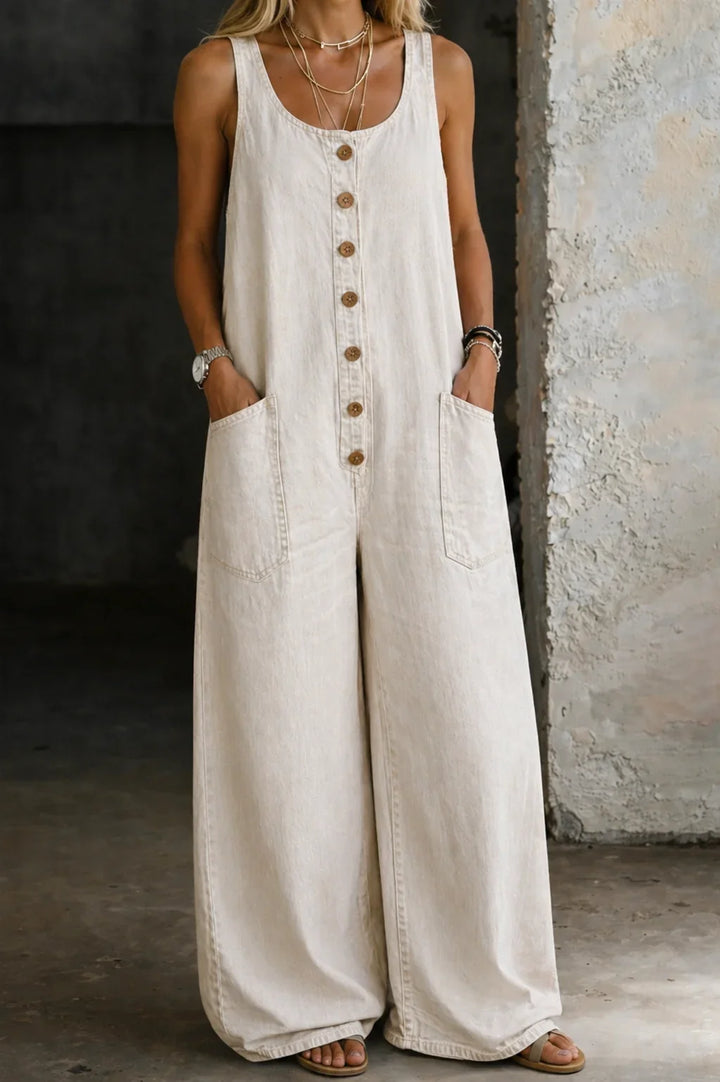 Denim Wide-Leg Overalls with Button Front