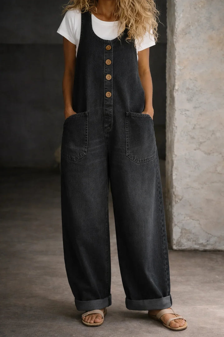 Denim Wide-Leg Overalls with Button Front