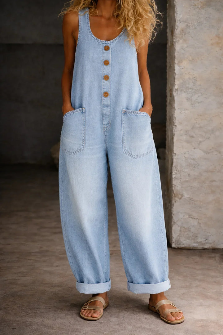 Denim Wide-Leg Overalls with Button Front