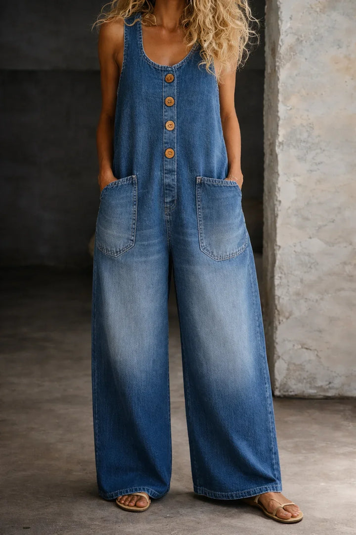 Denim Wide-Leg Overalls with Button Front