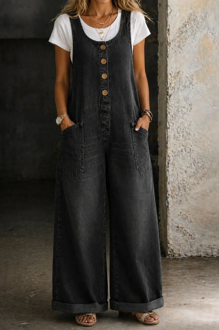 Denim Wide-Leg Overalls with Button Front