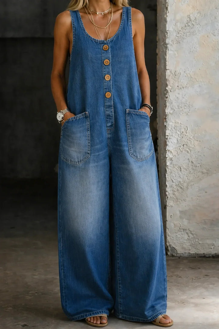Denim Wide-Leg Overalls with Button Front