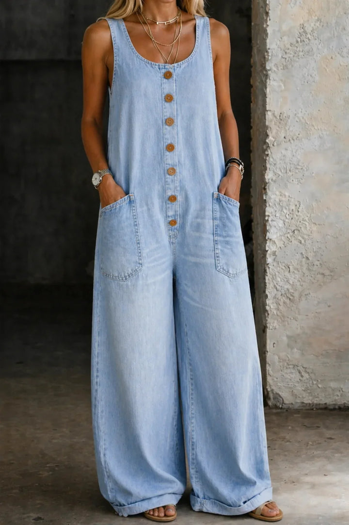 Denim Wide-Leg Overalls with Button Front