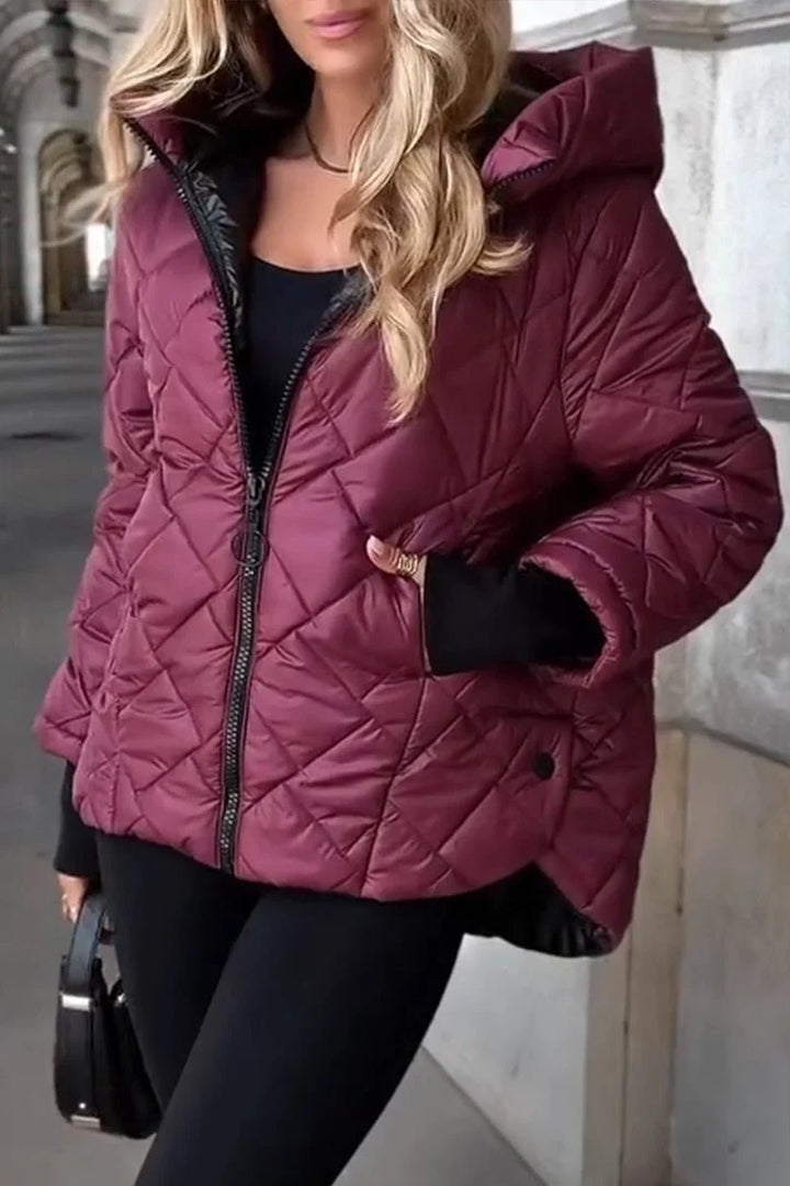 Diamond Quilted Hooded Zip-Up Puffer Jacket