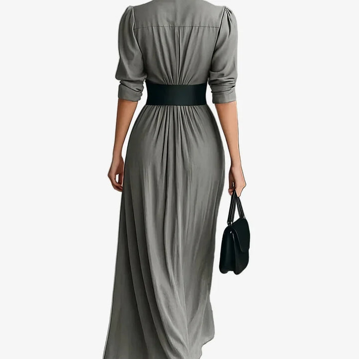 Draped Collared Midi Dress with Button Front