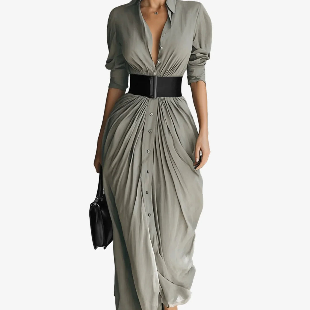 Draped Collared Midi Dress with Button Front