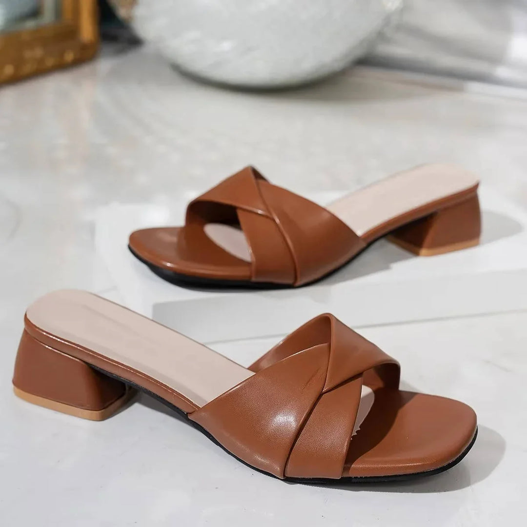 Women's Faux Leather Crossover Strap Block Heel Slides