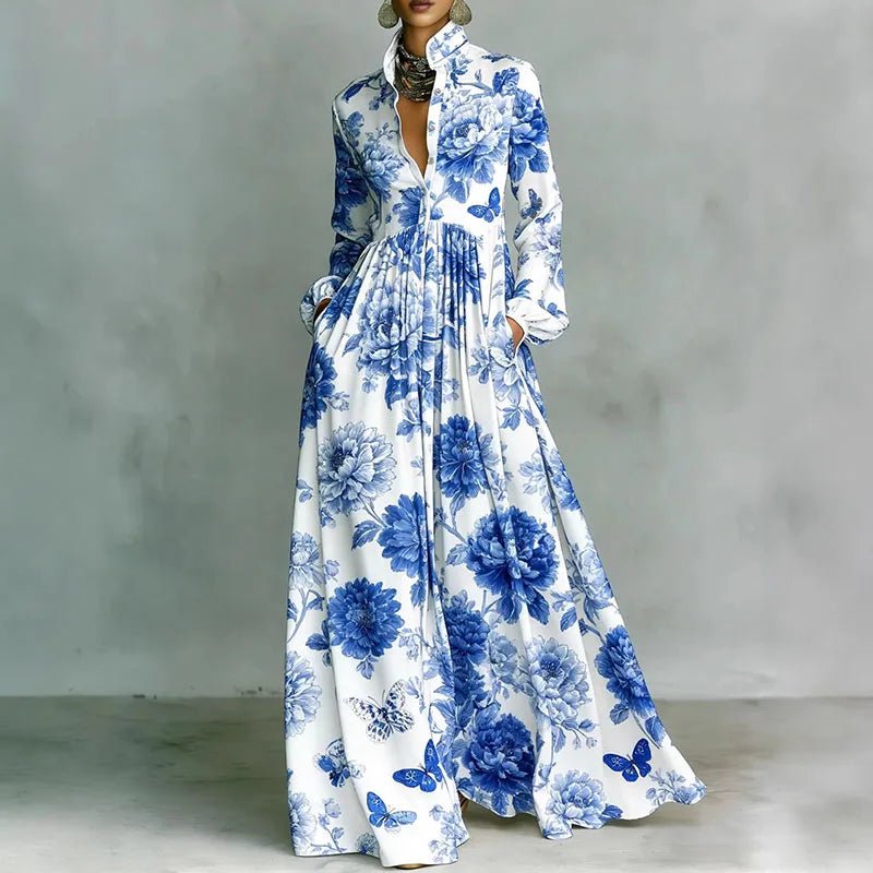 Sophia | Women's High-Waist Geometric Print Long-Sleeve Shirt Dress