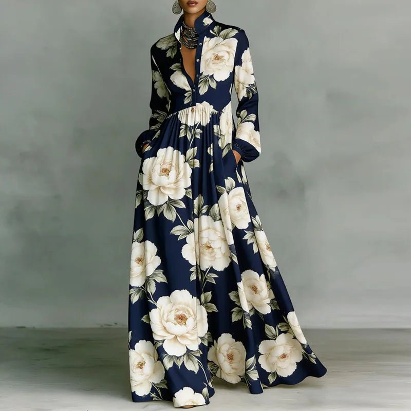 Sophia | Women's High-Waist Geometric Print Long-Sleeve Shirt Dress