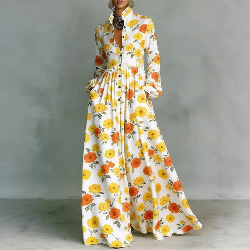 Sophia | Women's High-Waist Geometric Print Long-Sleeve Shirt Dress