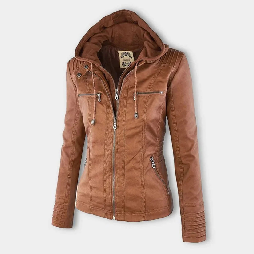 Faux Leather Moto Coat with Removable Hood