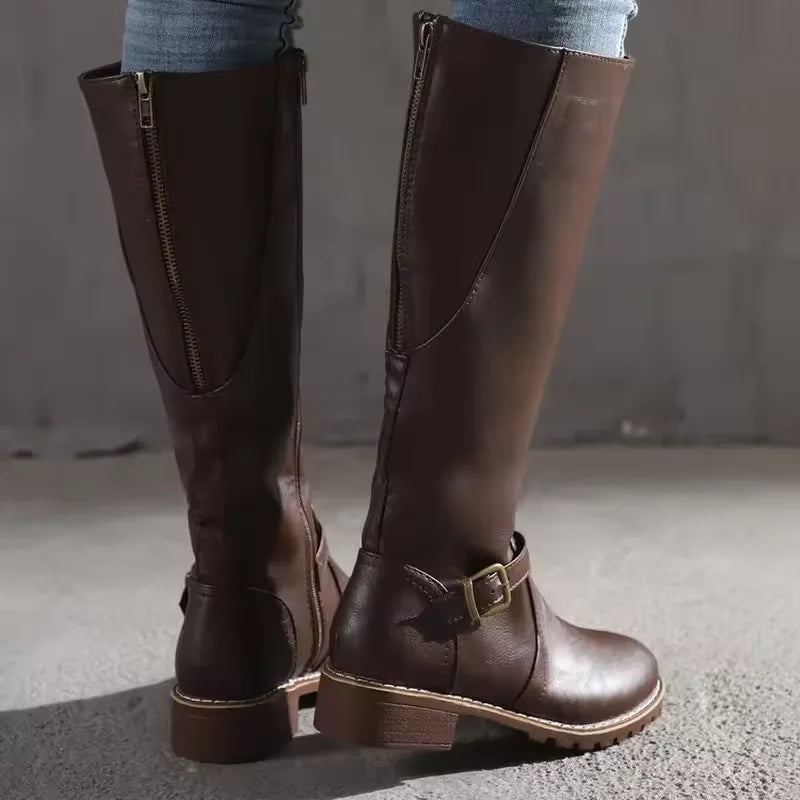Leather Knee-High Boots with Buckle Strap