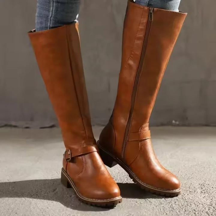 Leather Knee-High Boots with Buckle Strap