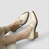 Leather Pointed-Toe T-Strap Shoes with Block Heel