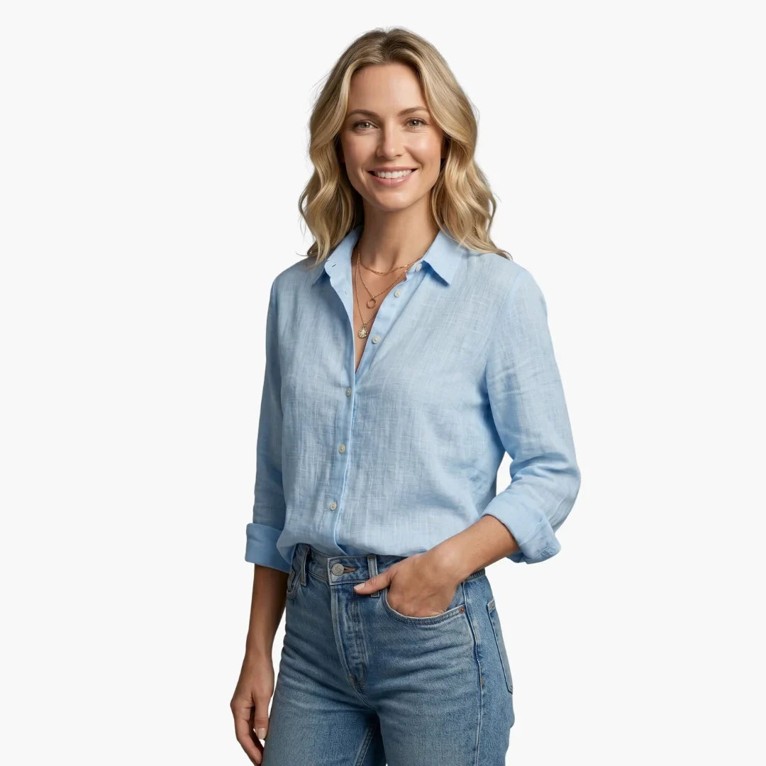 Linen Long Sleeve Shirt with Collared V-Neck