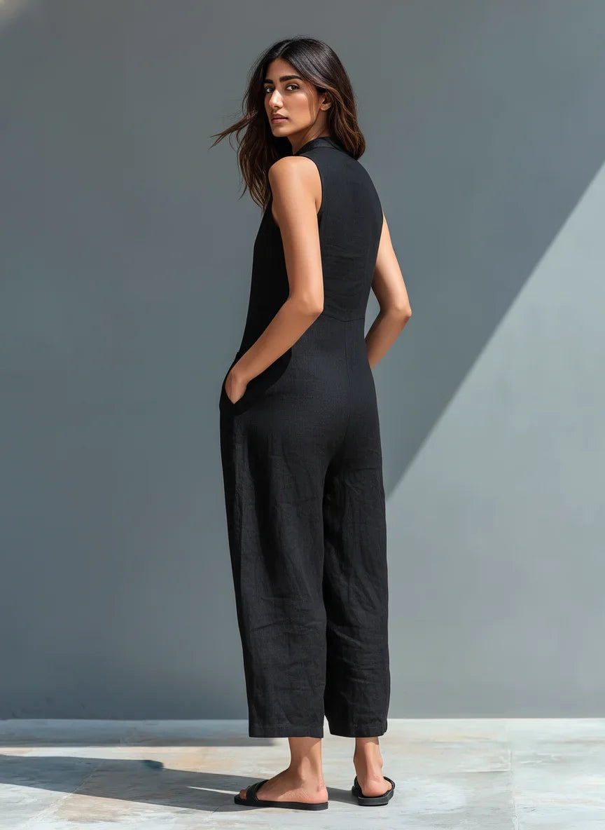 Women's Linen Wide Leg Jumpsuit with Button Front