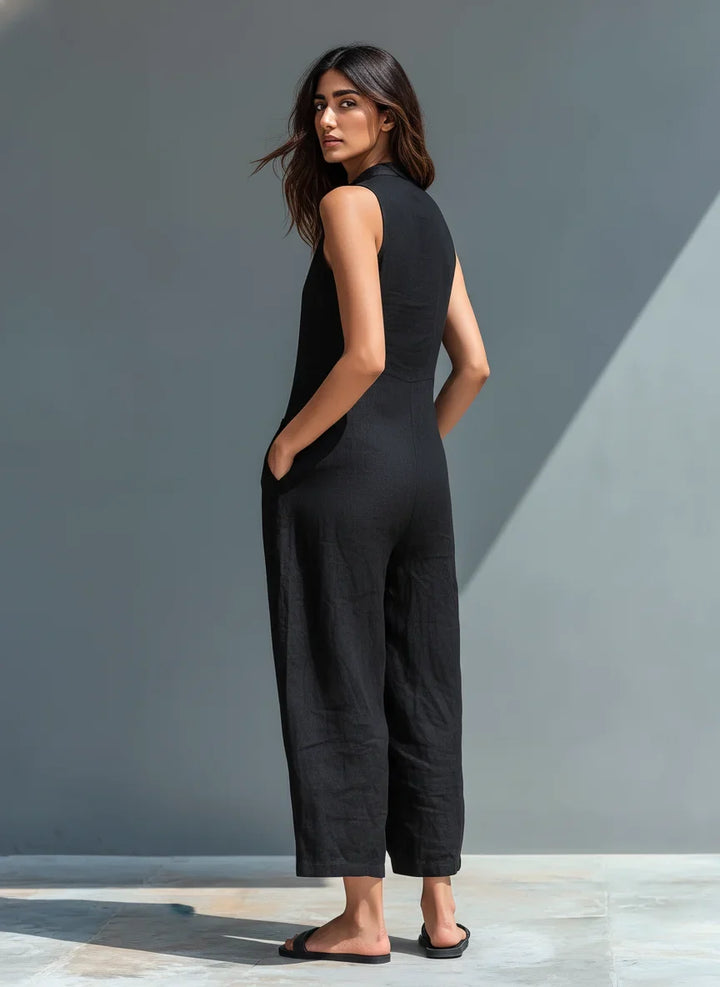 Women's Linen Wide Leg Jumpsuit with Button Front