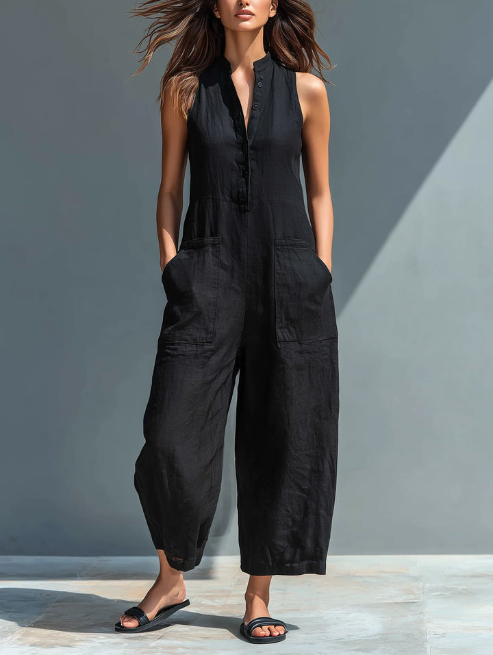 Women's Linen Wide Leg Jumpsuit with Button Front