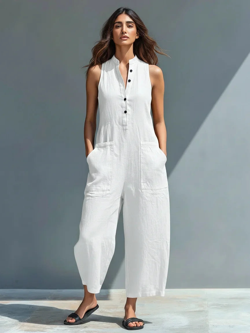 Women's Linen Wide Leg Jumpsuit with Button Front