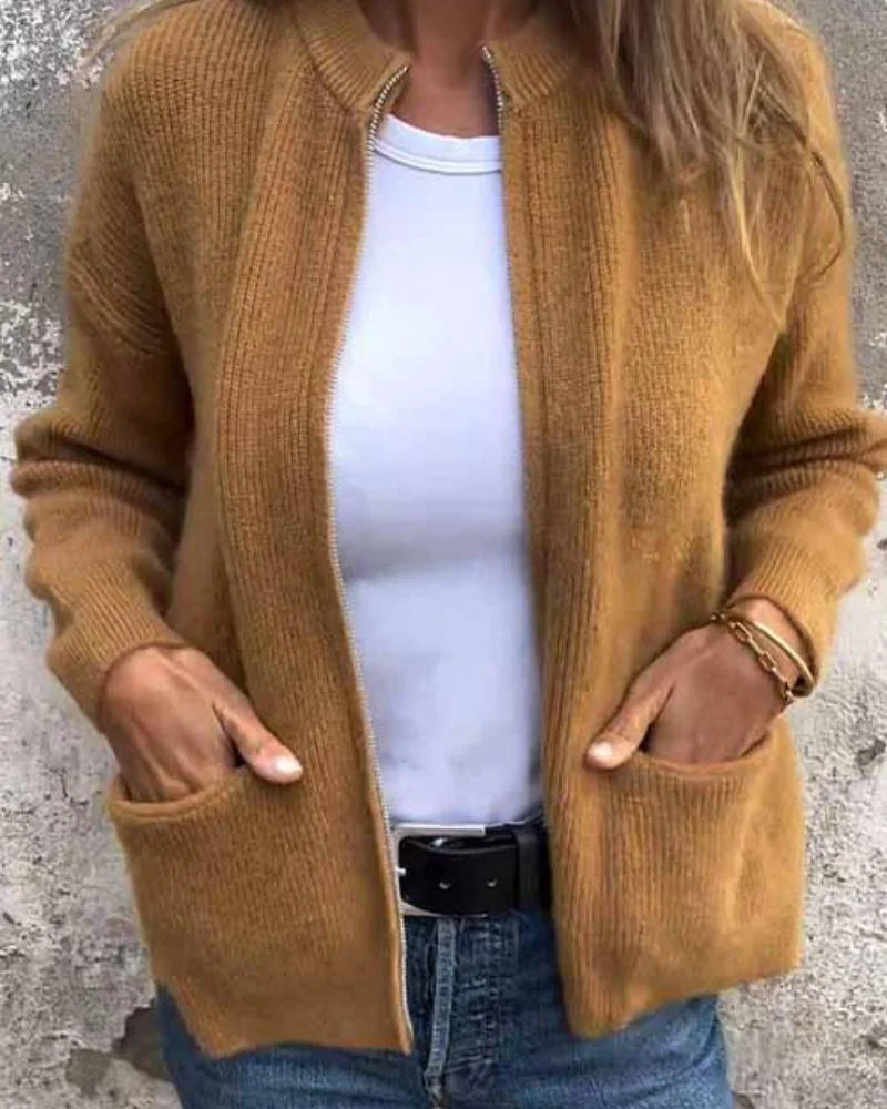 Ribbed Knit Full-Zip Cardigan Sweater with Pockets
