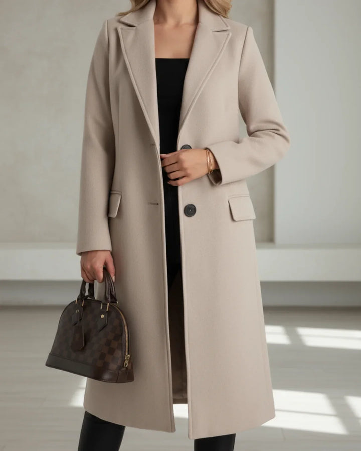Long Tailored Wool Coat with Notched Lapel
