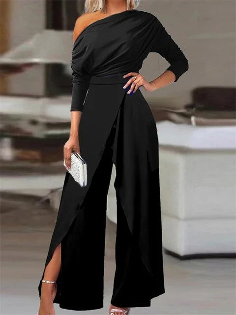 Off-Shoulder Wide Leg Jumpsuit with Wrap Front