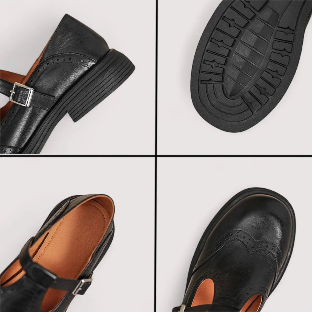 Leather Mary Jane Shoes With T-Strap And Brogue Details