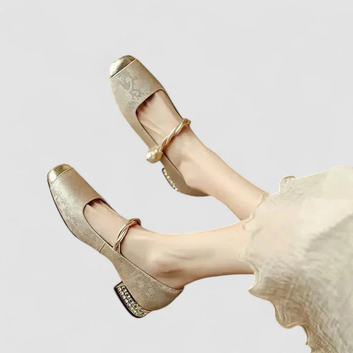 Patterned Mary Jane Shoes with Gold Toe and Block Heel