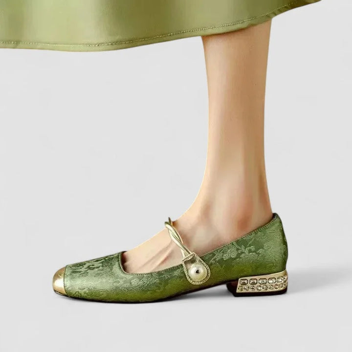 Patterned Mary Jane Shoes with Gold Toe and Block Heel