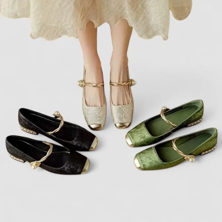 Patterned Mary Jane Shoes with Gold Toe and Block Heel