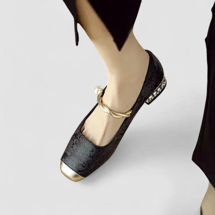 Patterned Mary Jane Shoes with Gold Toe and Block Heel