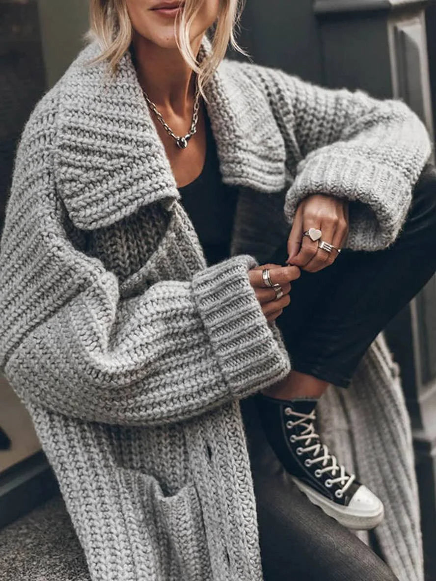 Oversized Chunky Rib-Knit Longline Lapel Cardigan