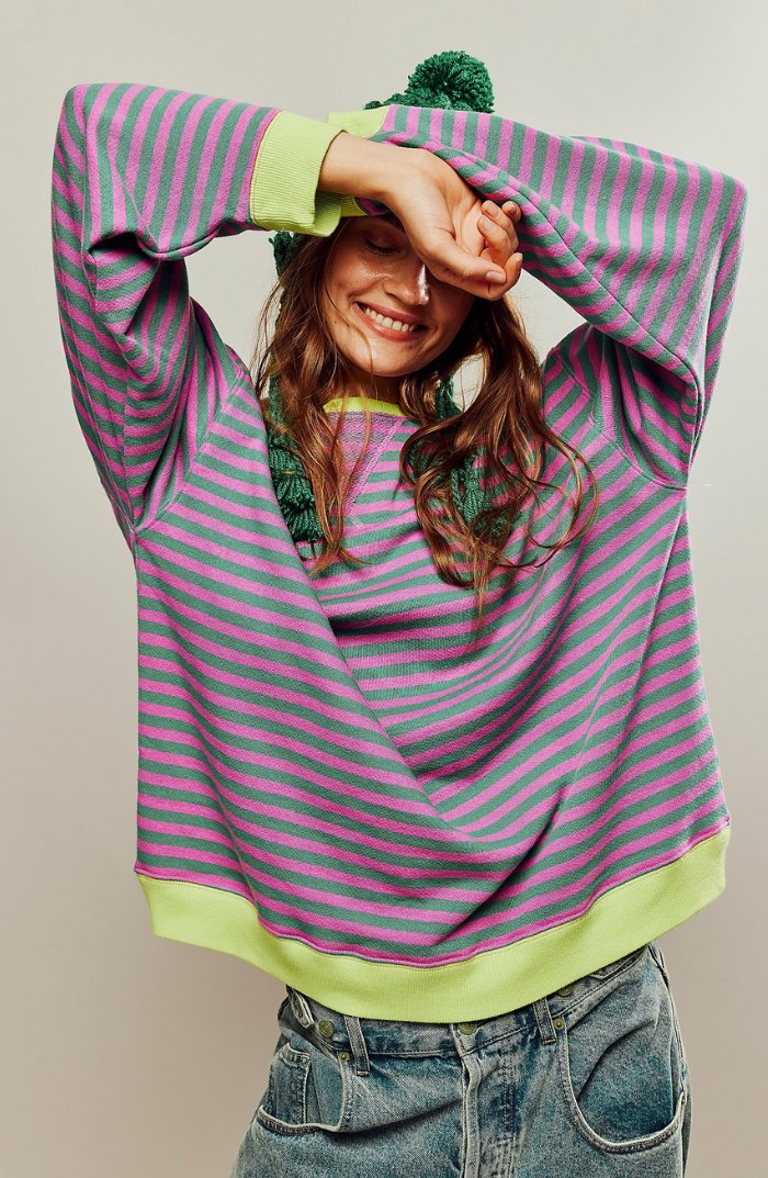 Victoria | Women's Oversized Drop-Shoulder Striped Contrast-Trim Sweatshirt