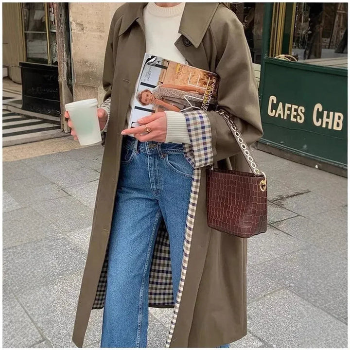 Oversized Plaid-Lined Trench Coat