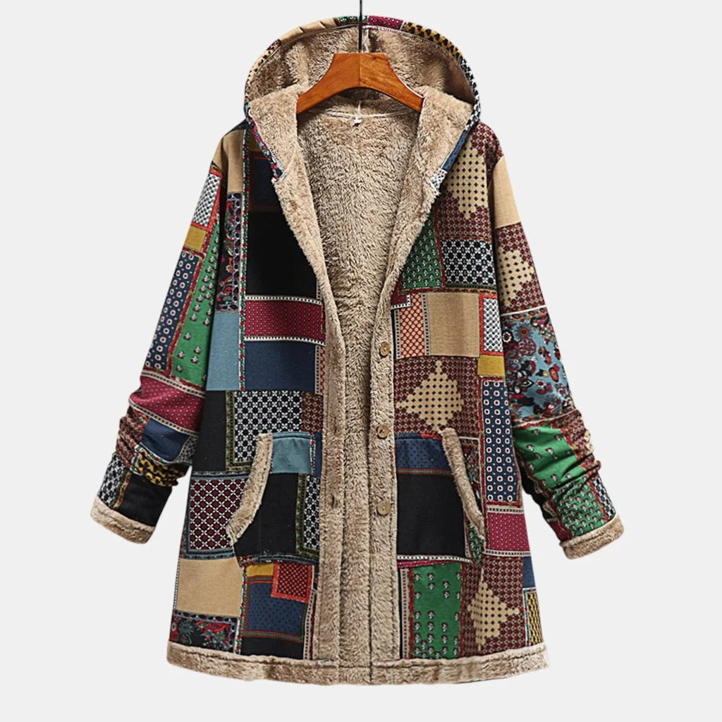 Patchwork Hooded Fleece-Lined Coat with Button Closure