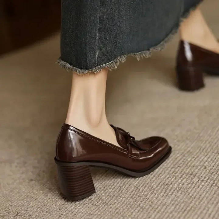 Patent Tassel Loafer Pumps with Block Heel