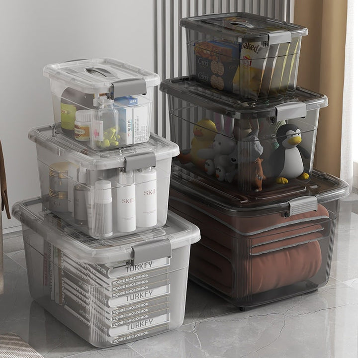 Plastic Storage Bin with Latching Lid Stackable Design and Carrying Handle Totes