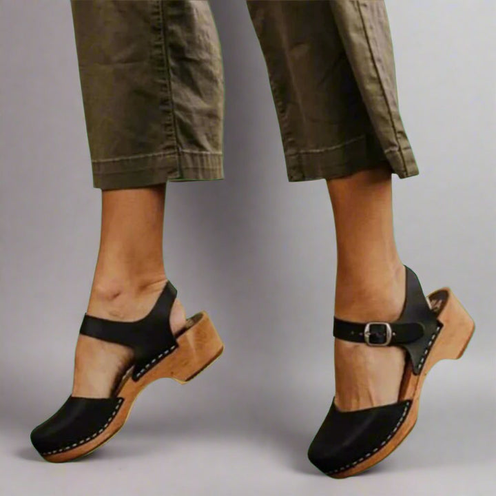Grace | Women's Platform Clogs Wooden Heel Closed Toe Ankle Strap