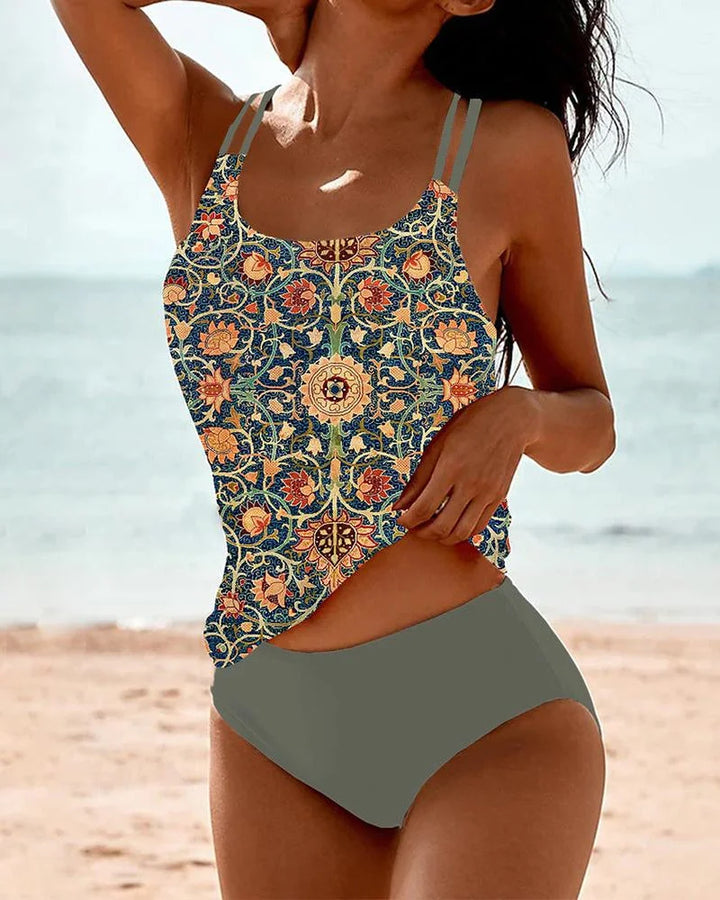 Floral Print Tankini Set with High-Waisted Briefs