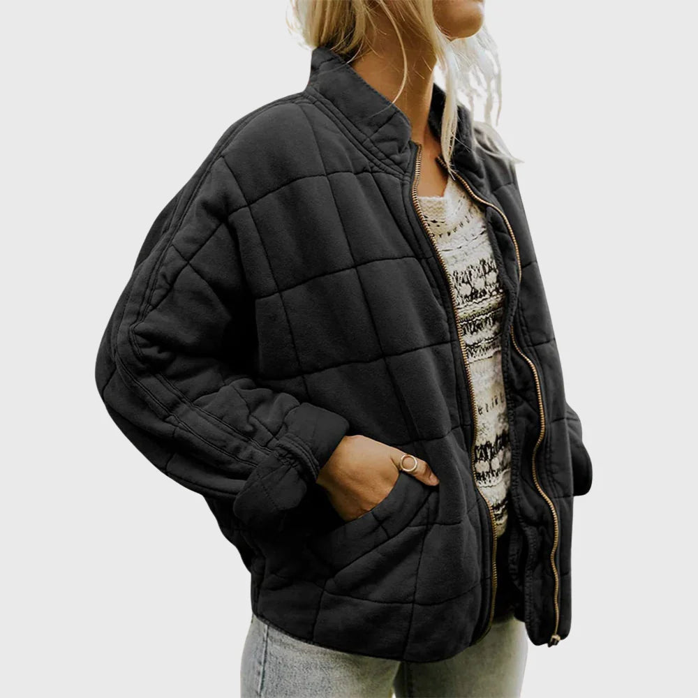 Quilted Denim-Style Jacket with Stand-Up Collar