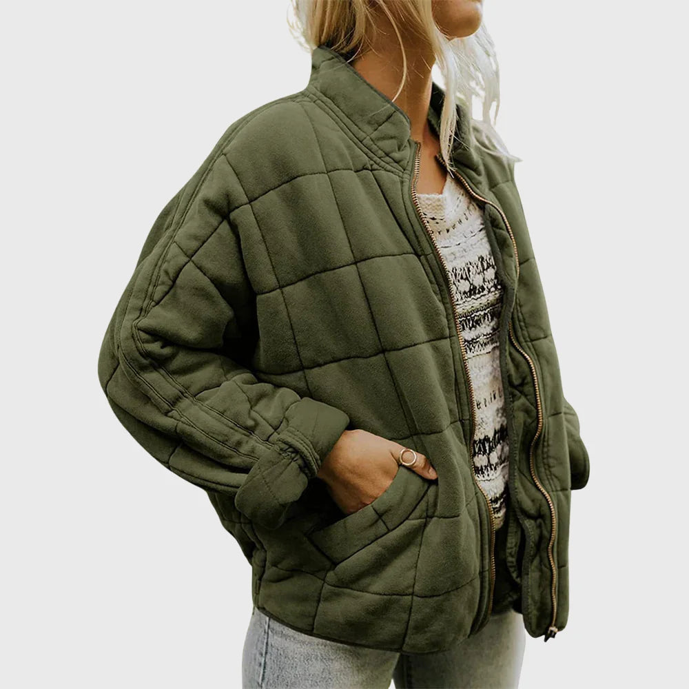 Quilted Denim-Style Jacket with Stand-Up Collar